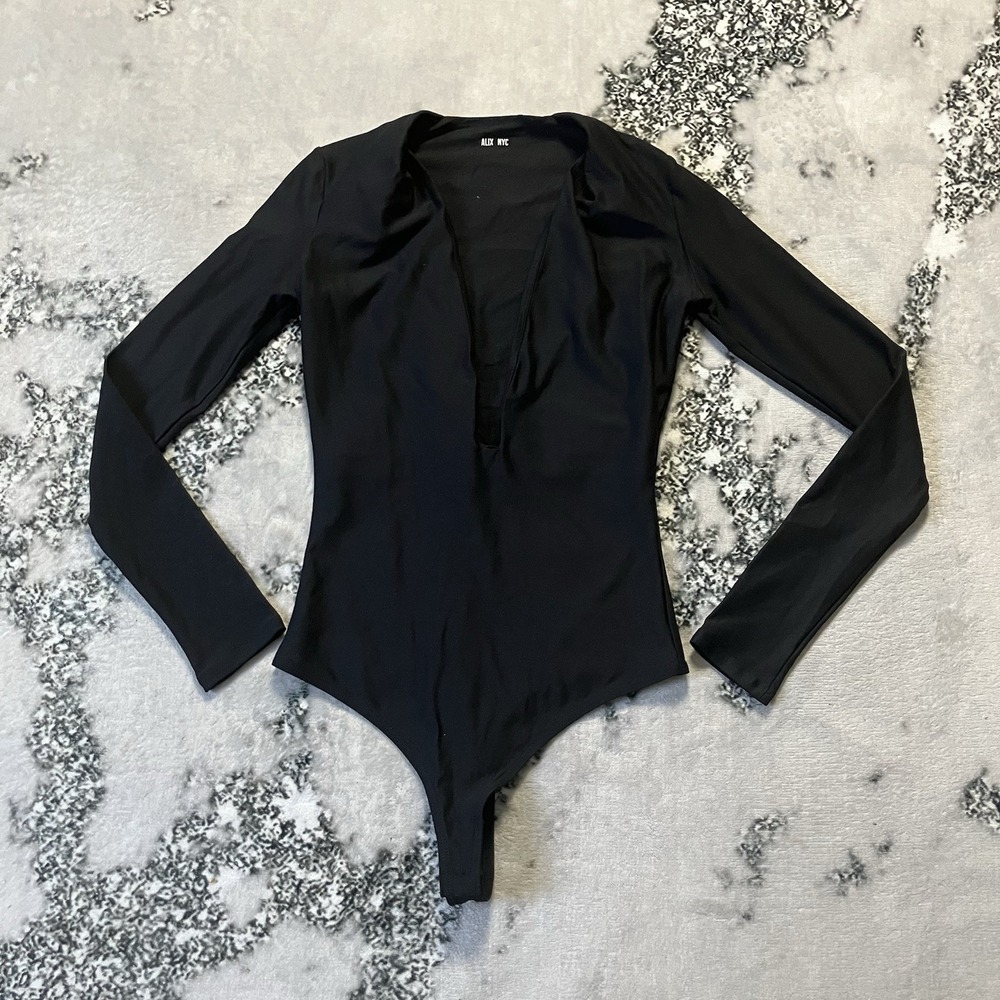 ALIX NYC Irving Bodysuit Womens Size S Black Deep V Long Sleeve Second Skin